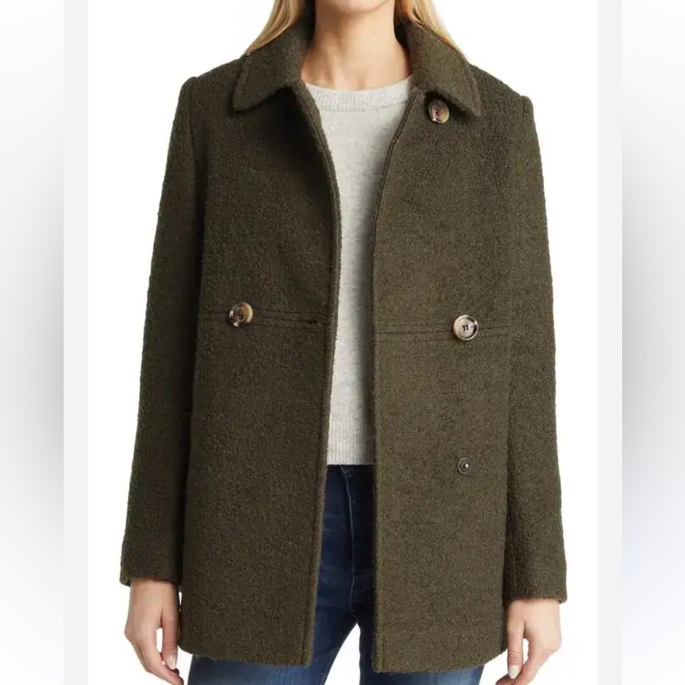 Sam Edelman Wool Double Breasted Bouclé Peacoat Military Green Floral Lined-6